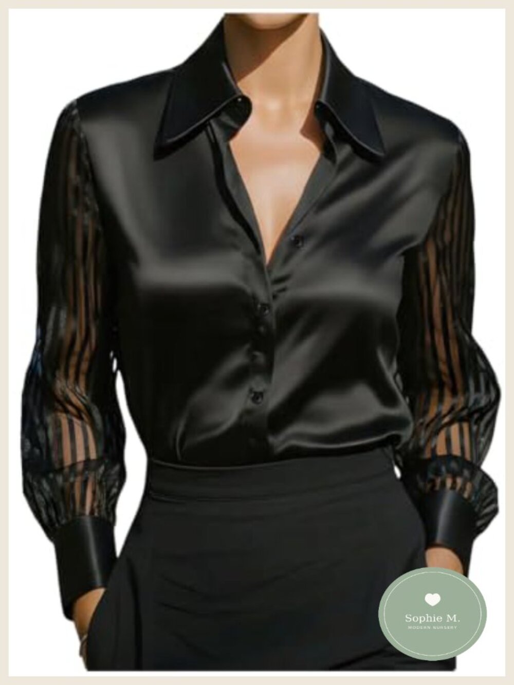 Long Sleeve Satin Blouse with Sheer Mesh Striped Sleeves, V-Neck Collared